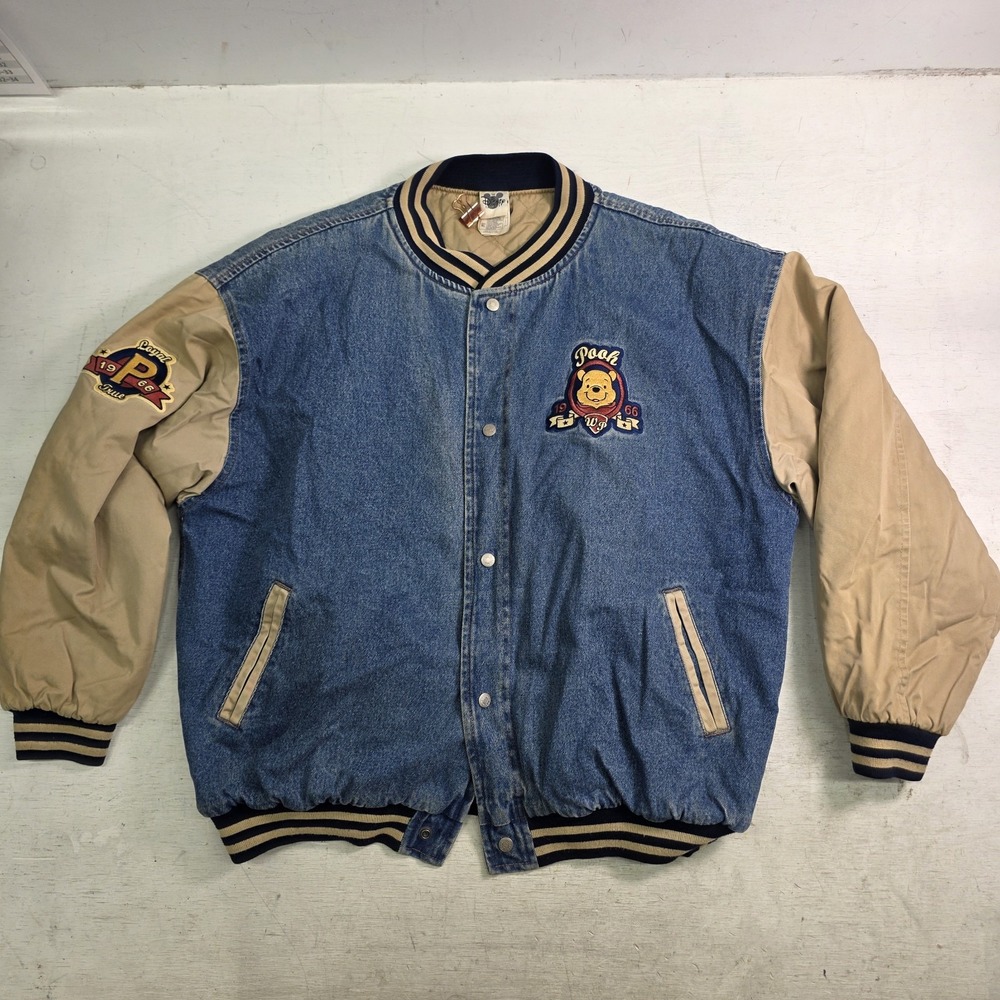Vintage 90s Disney Catalog Winnie the Pooh Denim Varsity Jacket XL Quilted Lined